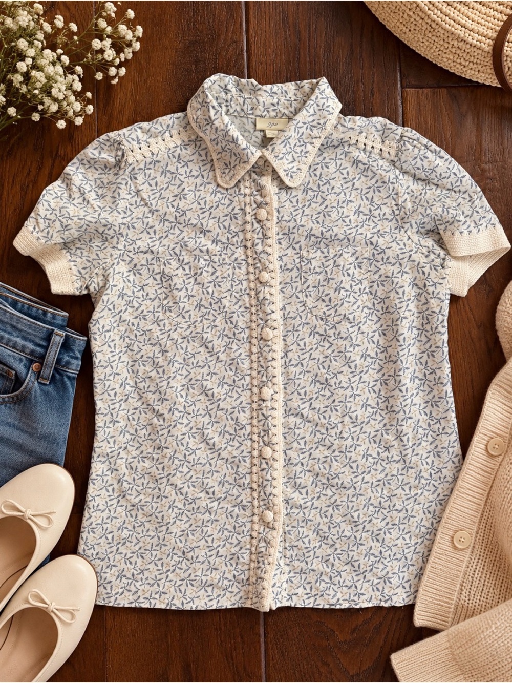 J. Jill XS Cotton Botanical Print Crochet Trim Button Front Blouse Cottage Boho